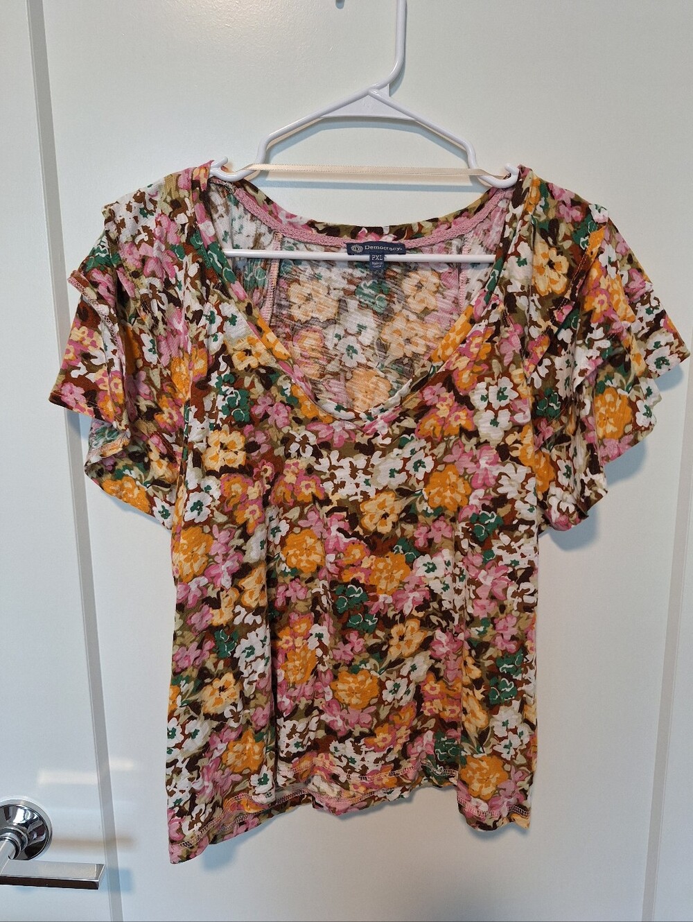 Democracy Three Tiered Bell Sleeve V-Neck Blouse - Floral Pink/Orange/White